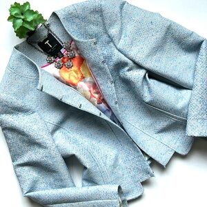 Ted Baker Amalee Blue Gray Jacquard Stitch Cropped Blazer Lady Jacket Size 12